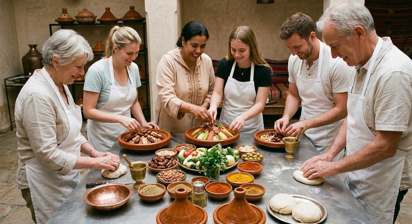 Un cours de cuisine autour d’un plan de travail couvert de coupelles d’épices, de légumes et de plats à tajine, la cheffe montrant un geste.
