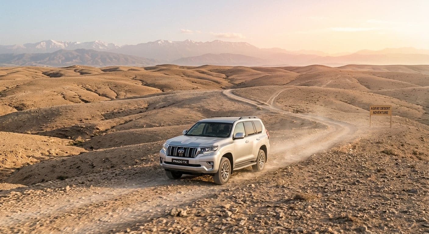 Un 4×4 sur une piste du désert d’Agafay, collines de pierre à perte de vue et sommets enneigés de l’Atlas au loin.