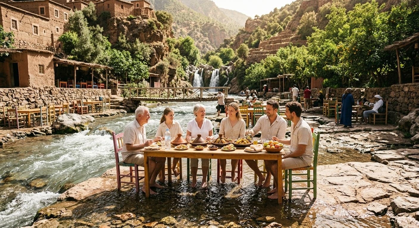 Une longue table dressée les pieds dans l’eau de l’oued Ourika, entre la cascade et les maisons du village accrochées au flanc de la vallée.