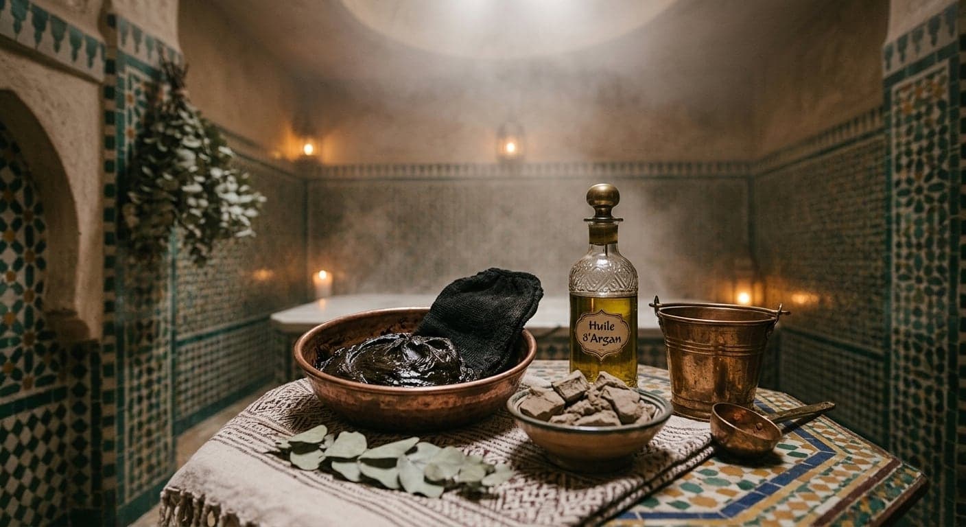 La salle du hammam, murs de zellige et voûte de tadelakt : savon noir dans une coupe de cuivre, huile d’argan, gants de crin et bougies allumées.