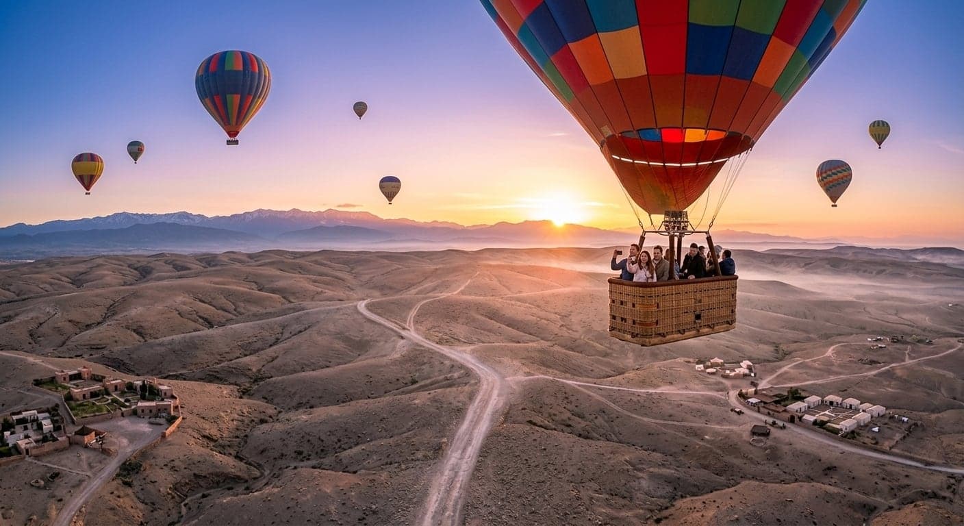 Une montgolfière et sa nacelle pleine de passagers au lever du soleil, d’autres ballons en suspension au-dessus de la plaine.