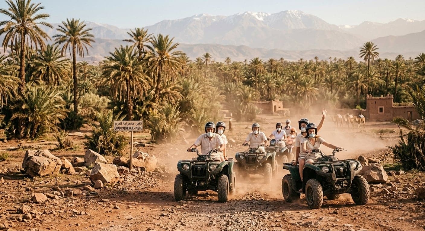 Une file de quads soulevant la poussière sur une piste de la palmeraie, entre les palmiers et les crêtes de l’Atlas.