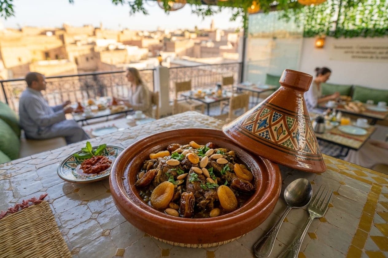 Un tajine d’agneau aux pruneaux servi dans son plat de terre peint, sur une table de terrasse dominant les toits de la médina.