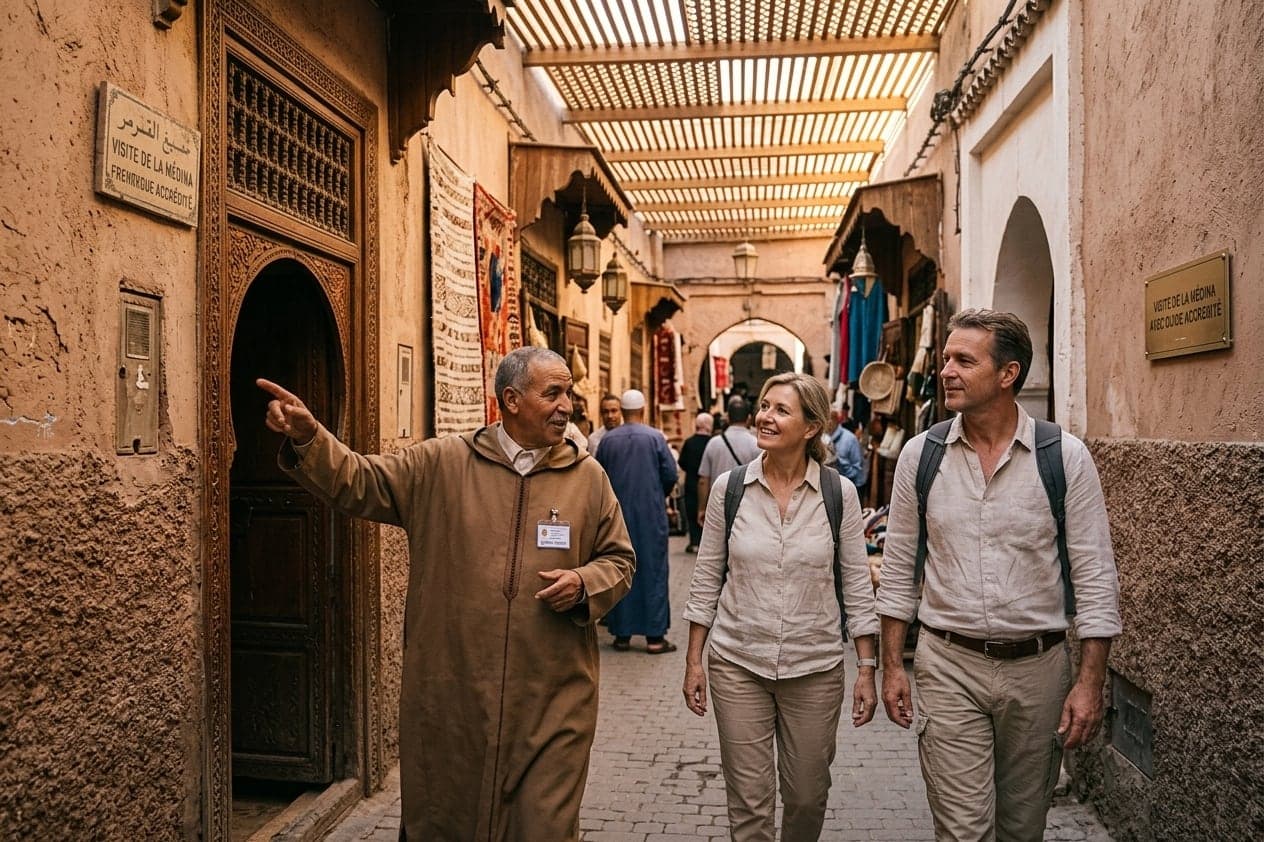 Un guide en djellaba indique une porte cloutée à deux visiteurs, dans une ruelle couverte du souk striée de lumière.